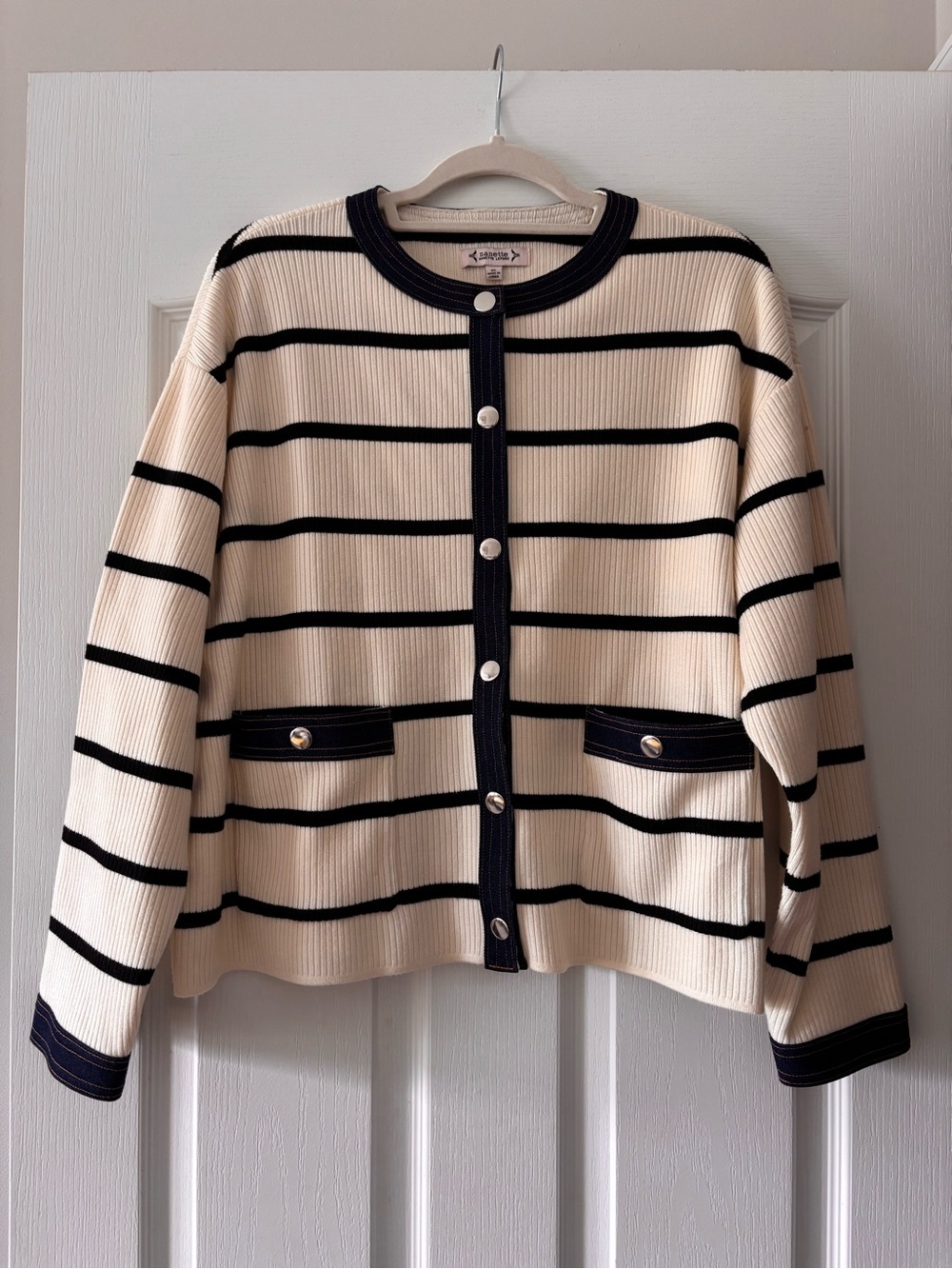 Nanette Lepore Cream and Black Striped Button Cardigan